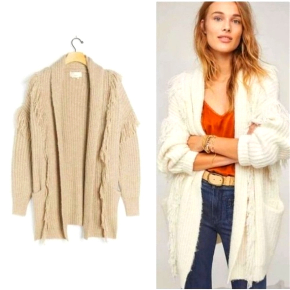 Anthropologie Amanza Fringed Cardigan Sweater Taupe